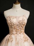 Vintage Champagne Applique Beaded Strapless Design A-line Tulle Party Dress Homecoming Dress HZ0319