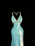 Elegant Prom Dress Satin Light Blue Spaghetti Straps Formal Dress Evening Dresses Wedding Guest Dress HZ0319