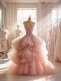 New Design Ball Gown Light Pink Sweetheart Pleated Tulle Evening Gown Quinceanera Dress Prom Dresses HZ0319
