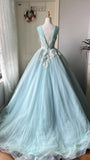 Pretty Ball Gown Light Blue Crew Neck Pleated Tulle Prom Dresses Evening Gala Gown Birthday Party Dress HZ0319
