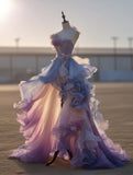 Ombre Prom Dress Asymmetrical Neck Ruffle Pleated Birthday Party Outfits Evening Dress Gala Gown HZ0319