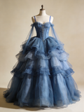 New Arrial Ball Gown Blue Spaghetti Straps Pleated Tulle Prom Dresses Quinceanera Dress Evening Gala Gown HZ0319