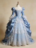 Vintage Ball Gown Blue Square Neck Pleated Lace Prom Dresses Quinceanera Dress Evening Gala Gown HZ0319