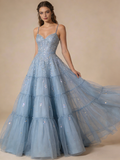 Sparking Prom Dress A Line Spaghetti Straps Tulle Gala Gown Birthday Party Outfits Evening Dress HZ0319