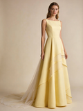 Light Yellow Prom Dress A Line Boat Neck Gala Dress Birthday Party Outfits Evening Gown HZ0319