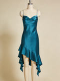 Pretty Prom Dress Satin Spaghetti Straps Ruffle Gala Dress Evening Gown Cocktail Outfits HZ0319