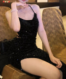 Sexy Prom Dress Black Spaghetti Straps Sequins Backless Gala Gown Evening Dress Birthday Party Outfits HZ0319
