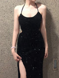 Sexy Prom Dress Black Spaghetti Straps Sequins Backless Gala Gown Evening Dress Birthday Party Outfits HZ0319