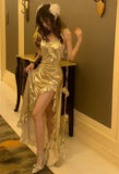 Beauty Prom Dress V-neck Pleated Slit Gala Gown Birthday Party Outfits Evening Dresses HZ0319