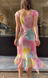 Fashion Prom Dress Chiffion V-neck Pleated Evening Dresses Print Gala Gown Cocktail Outfits HZ0319