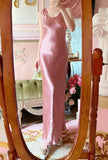 Beauty Prom Dress Pink Satin Crew Neck Evening Dress Long Cocktail Outfits Gala Gown HZ0319