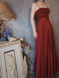Burgundy Spaghetti Straps A-Line Satin Pleated Long Evening Party Dresses, HZ0319