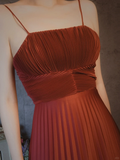 Burgundy Spaghetti Straps A-Line Satin Pleated Long Evening Party Dresses, HZ0319