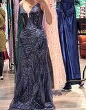 Stunning Prom Dress Navy Blue Spaghetti Straps Evening Dress Long Cocktail Outfits Gala Gown HZ0319