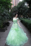 90s Retro Prom Dress Light Green Straps Pleated Tulle Gala Gown Evening Dress Party Outfits HZ0319