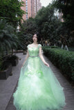 90s Retro Prom Dress Light Green Straps Pleated Tulle Gala Gown Evening Dress Party Outfits HZ0319