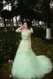 90s Retro Prom Dress Light Green Straps Pleated Tulle Gala Gown Evening Dress Party Outfits HZ0319