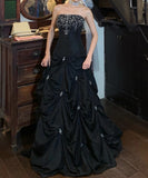 Chic Prom Dress Black Strapless Pleated Gala Gown Evening Dress Graduation Dress HZ0319
