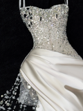 Stunning Strapless Sheath Satin Beaded Long Evening Party Dress Birthday Outfits, HZ0319
