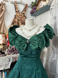 Vintage Dark Green Off-the-shoulder Irregular Hem Design A-Line Applique Prom Dress Evening Dress HZ0319