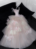 Stunning Pink A-Line Tulle Beaded Long Evening Party Dress Birthday Ball Gown, HZ0319