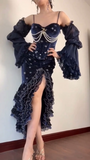Prom Dress Dark Navy Spaghetti Straps Mermaid Layers Ruffles Sexy Evening Dress Birthday Outfits, HZ0319
