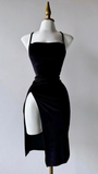 Sexy Black Straps Split Velvet Midi Length Party Dresses Cocktail Dresses, HZ0319