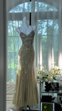 Vintage Shiny Light Green Spaghetti Strap Elegant Design A-line Beaded Romantic Chiffon Evening Dress Prom Dress HZ0319