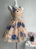 Retro Floral Applique Pearl Belt Design A-line Elegant Homecoming Dress Birthday Dress Party Dress HZ0319