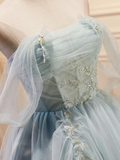 Vintage Light Blue Beaded Off-the-shoulder Design A-line Tulle Party Dress Homecoming Dress HZ0319
