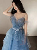 Vintage Blue Beaded Design Elegant A-Line Chiffon Tulle Evening Dress Prom Dress HZ0319