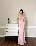Elegant Pink Straps Mermaid Satin Long Party Dresses Wedding Guest Dresses, HZ0319