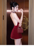 Simple Fashion Burgundy V-neck Halter Dress Design A-line Party Dress Homecoming Dress, HZ0319