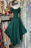 Vintage Dark Green Off-the-shoulder Irregular Hem Design A-Line Applique Prom Dress Evening Dress HZ0319
