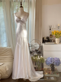 Retro White V-neck Spaghetti Strap Design Elegant Satin Evening Dress Prom Dress HZ0319