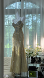 Vintage Shiny Light Green Spaghetti Strap Elegant Design A-line Beaded Romantic Chiffon Evening Dress Prom Dress HZ0319