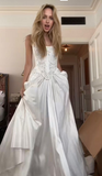 Elegant White Strapless A-Line Satin Appliques Wedding Dress Bridal Dress, HZ0319
