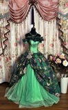 Green Off Shoulder A-Line Embroidery Tulle Long Evening Dress Birthday Ball Gown, HZ0319