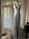 Vintage Silvery V-neck Sparkling Sequin Design Romantic Chiffon Evening Dress Prom Dress HZ0319