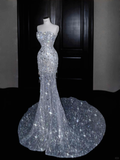 Glitter Strapless Mermaid Beading Tassel Long Evening Dress Birthday Outfits, HZ0319