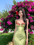 Vintage Green Floral Mermaid Spaghetti Strap Design Satin Prom Dress Evening Dress HZ0319