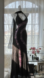 Retro Black V-neck Applique Design Romantic Chiffon Evening Dress Prom Dress HZ0319