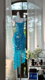Vintage Blue Mermaid Sparkling Long Chiffon Spaghetti Strap Romantic Evening Dress Prom Dresses HZ0319