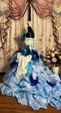 Blue Straps A-Line Floral Printed Retro Long Evening Dress Birthday Ball Gown, HZ0319
