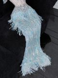 Shiny Light Blue Beaded Sequined Design Mermaid Prom Dress Evening Dress HZ0319