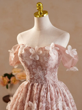 Retro Pink Applique Off-the-shoulder Design A-line Tulle Party Dress Homecoming Dress HZ0319