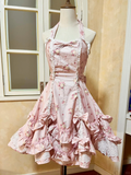 Vintage Pink Floral Halter Dress Design A-Line Elegant Tiered Homecoming Dress Birthday Dress Party Dress HZ0319