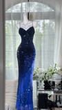 Gorgeous Navy Blue Sparkling Beaded V-neck Elegant Mermaid Chiffon Evening Dress Prom Dresses HZ0319