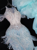 Shiny Light Blue Beaded Sequined Design Mermaid Prom Dress Evening Dress HZ0319