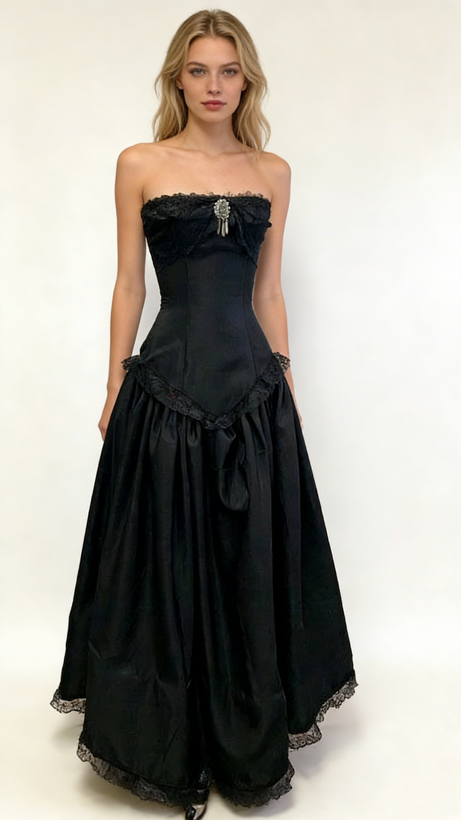 Black Strapless A-Line Chiffon Vintage Gothic Prom Dresses Birthday Outfits, HZ0319